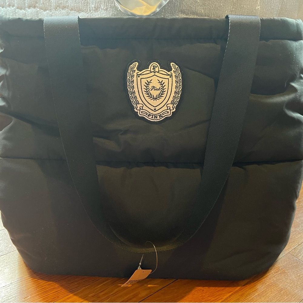 Victoria’s Secret Pink large black zipper puffer tote bag with VS PINK Crest